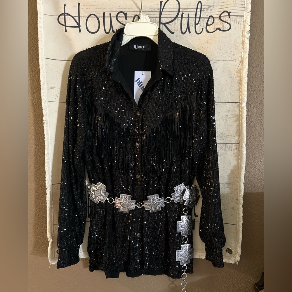 WESTERN MEDIUM BlueB collection. Sequin fringe shirt NWT BELT NOT INCLUDED ‼️ - Picture 11 of 13
